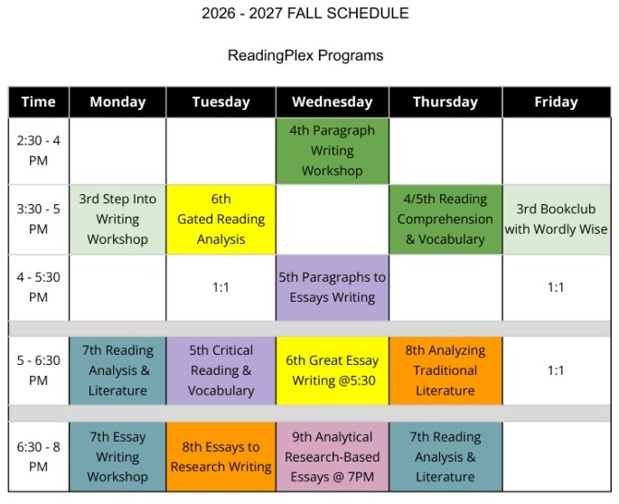 2026-2027 Fall Class Schedule